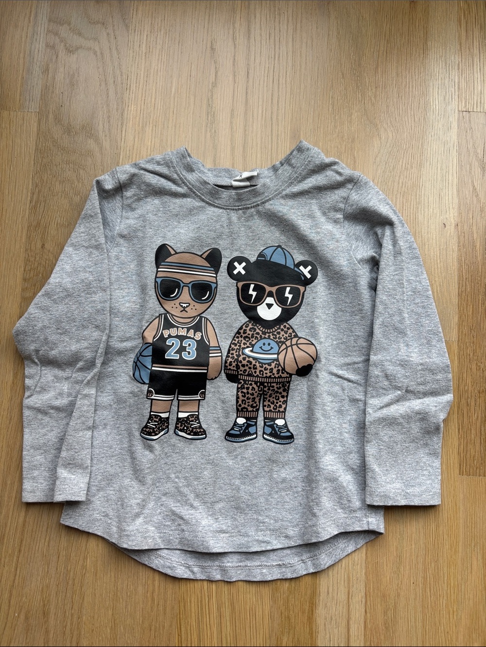 Huxbaby Grey Long-Sleeve Tee with Bear Basketball Graphic